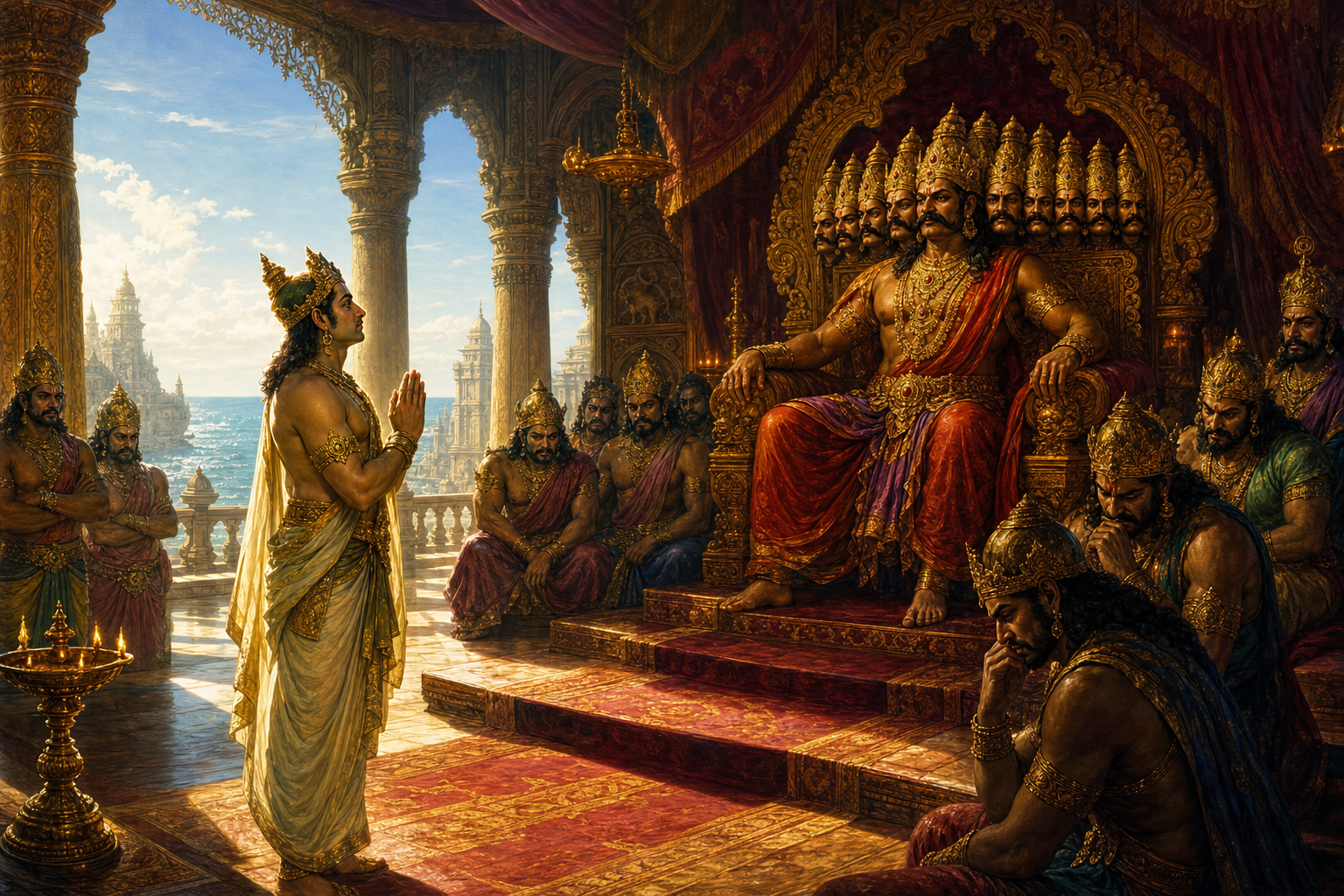 Vibhishana respectfully addresses his enthroned brother in a royal hall as concerned courtiers watch and daylight enters through an open doorway.