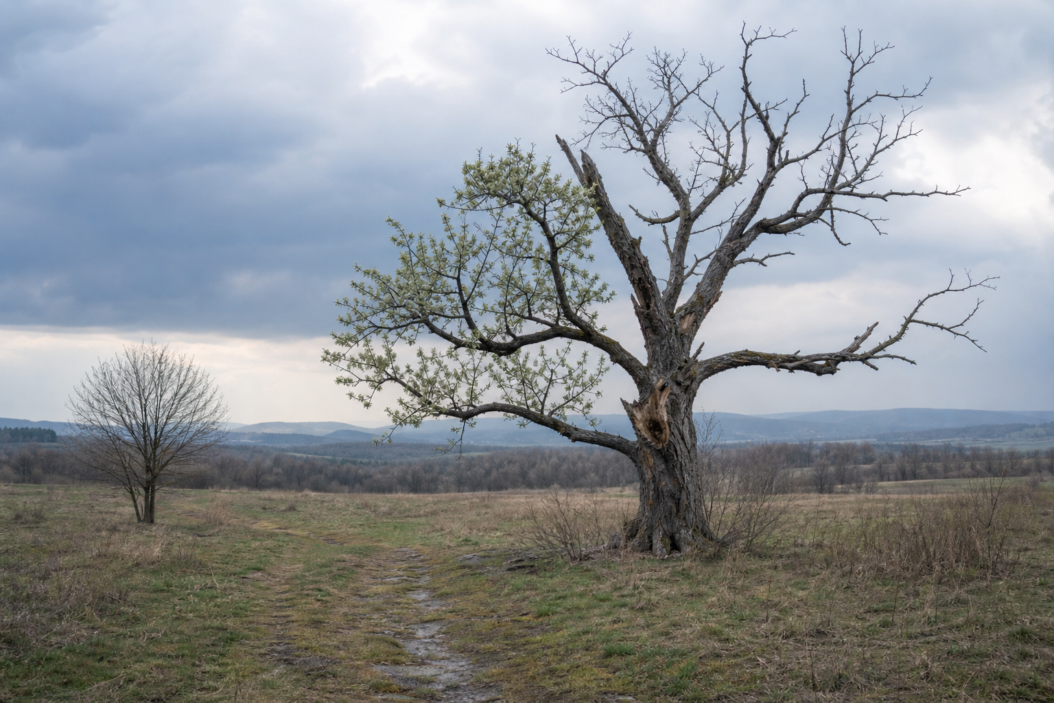 A scarred tree with a few new spring shoots stands beside a smaller dormant tree under clearing rain clouds.
