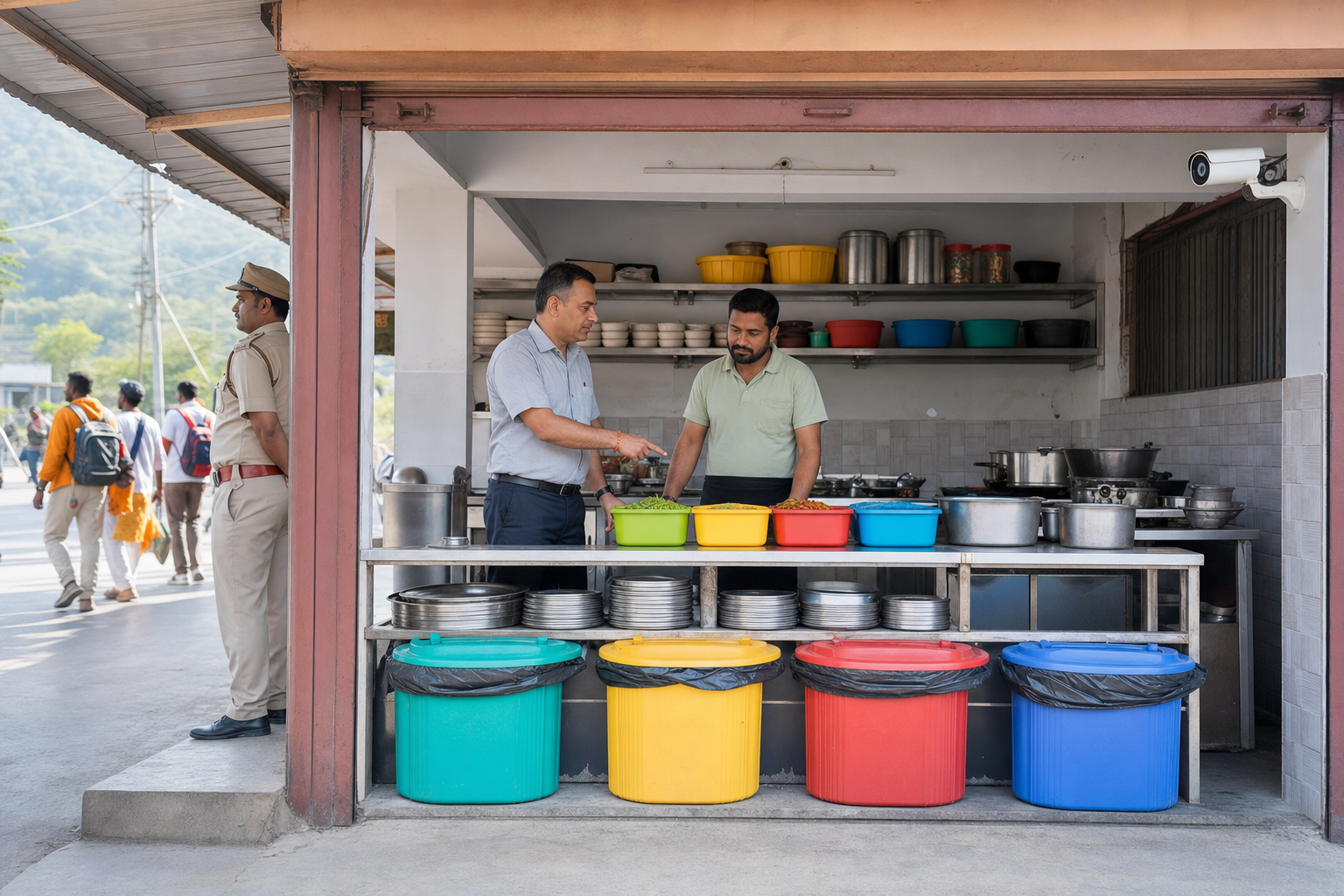 A food inspector and eatery owner examine clean utensils, separated ingredients, covered bins, and a security camera as pilgrims pass outside.
