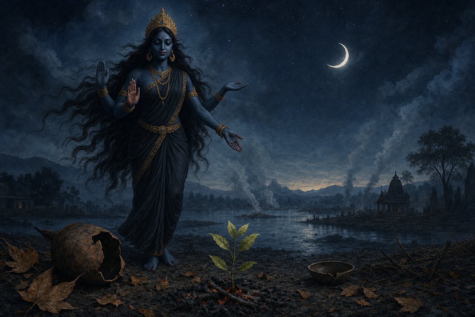 A four-armed dark feminine sacred figure stands calmly in a moonlit landscape with embers, fallen leaves, a cracked clay vessel, and new green shoots.