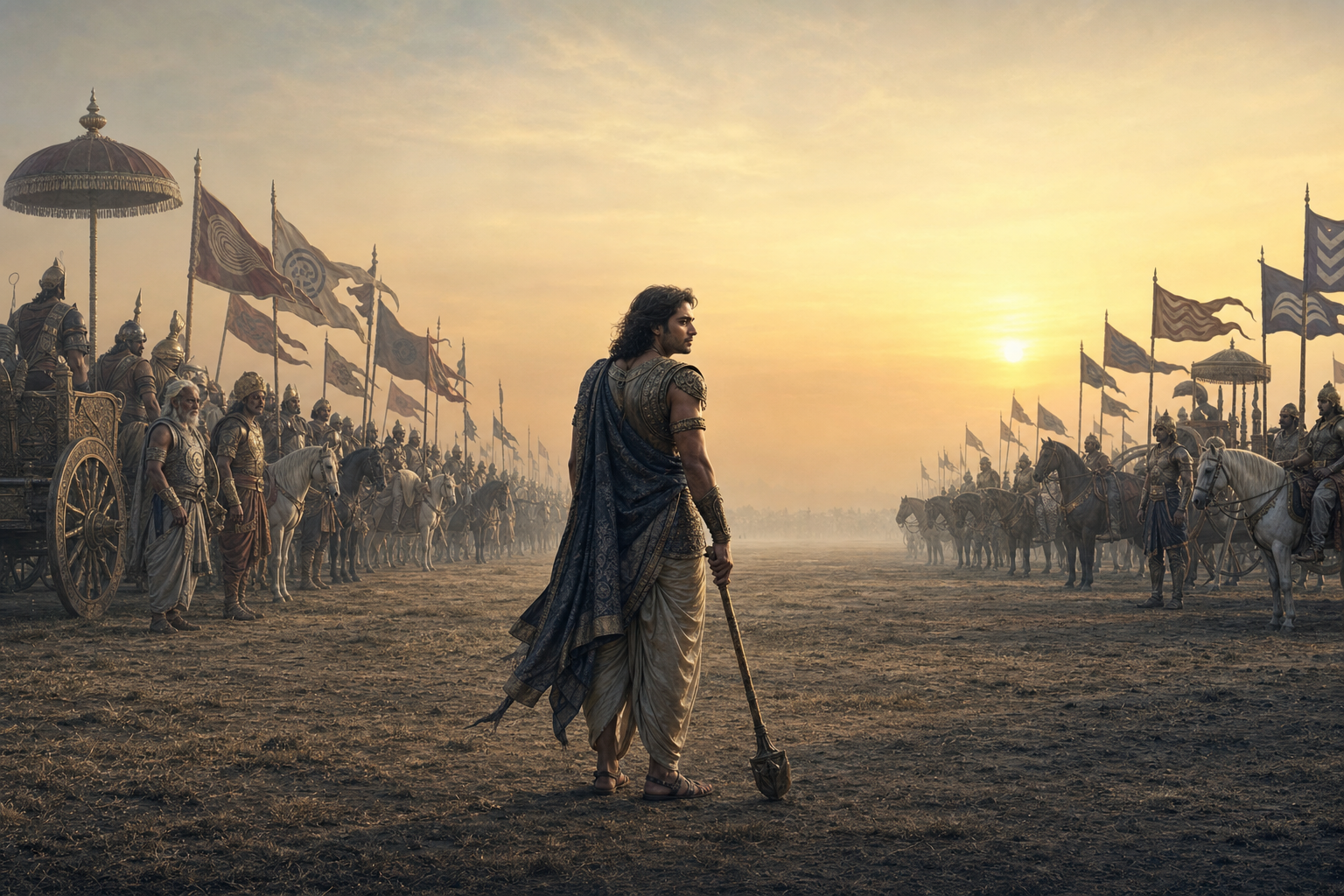 Yuyutsu stands between two assembled armies at dawn, turning from the relatives behind him toward the opposing ranks before the battle begins.