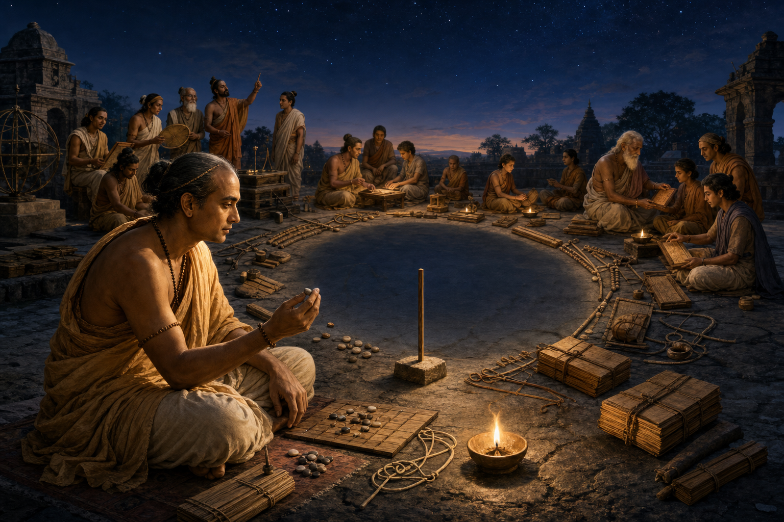 An imagined ancient Indian astronomer studies the twilight sky with measuring tools while generations of scholars work behind him around a circular empty space.