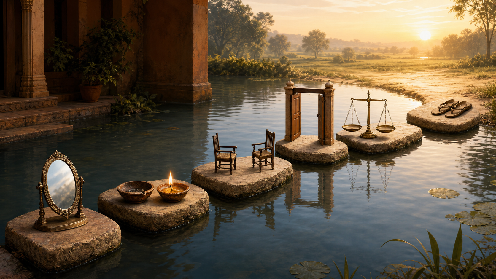 Six stepping stones cross shallow water past a mirror, lamps, two facing seats, an open gate, balanced scales and sandals toward a sunlit shore.