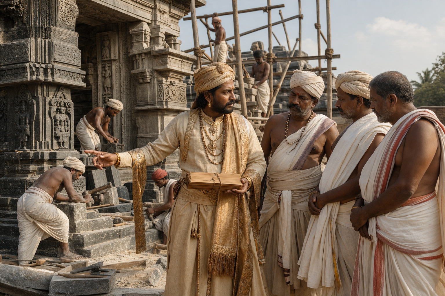 Gunda Dandanatha consults masons and temple authorities beside the gateway restoration works at Belur.
