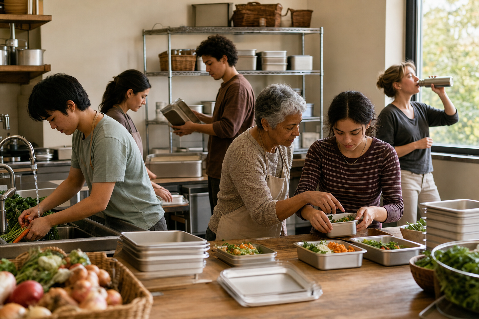 A multigenerational volunteer team prepares meals in a community kitchen while one member receives guidance and another takes a break.