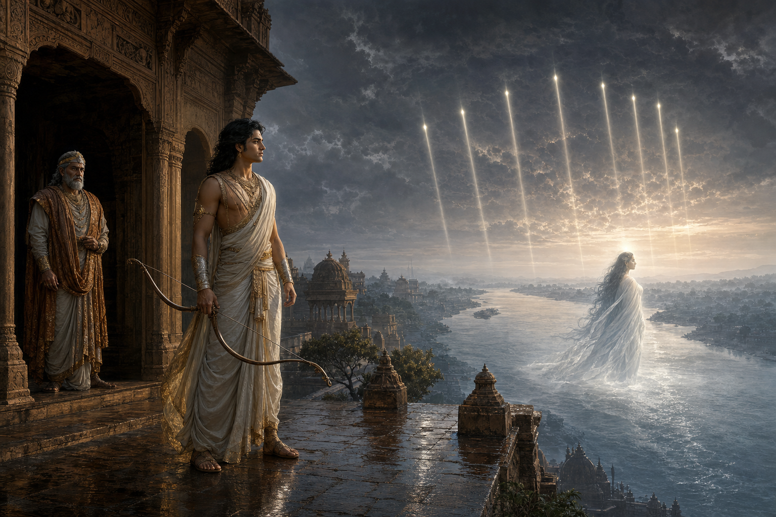 Devavrata stands beside the Ganga as Shantanu watches from a palace and eight celestial lights descend through the clouds.