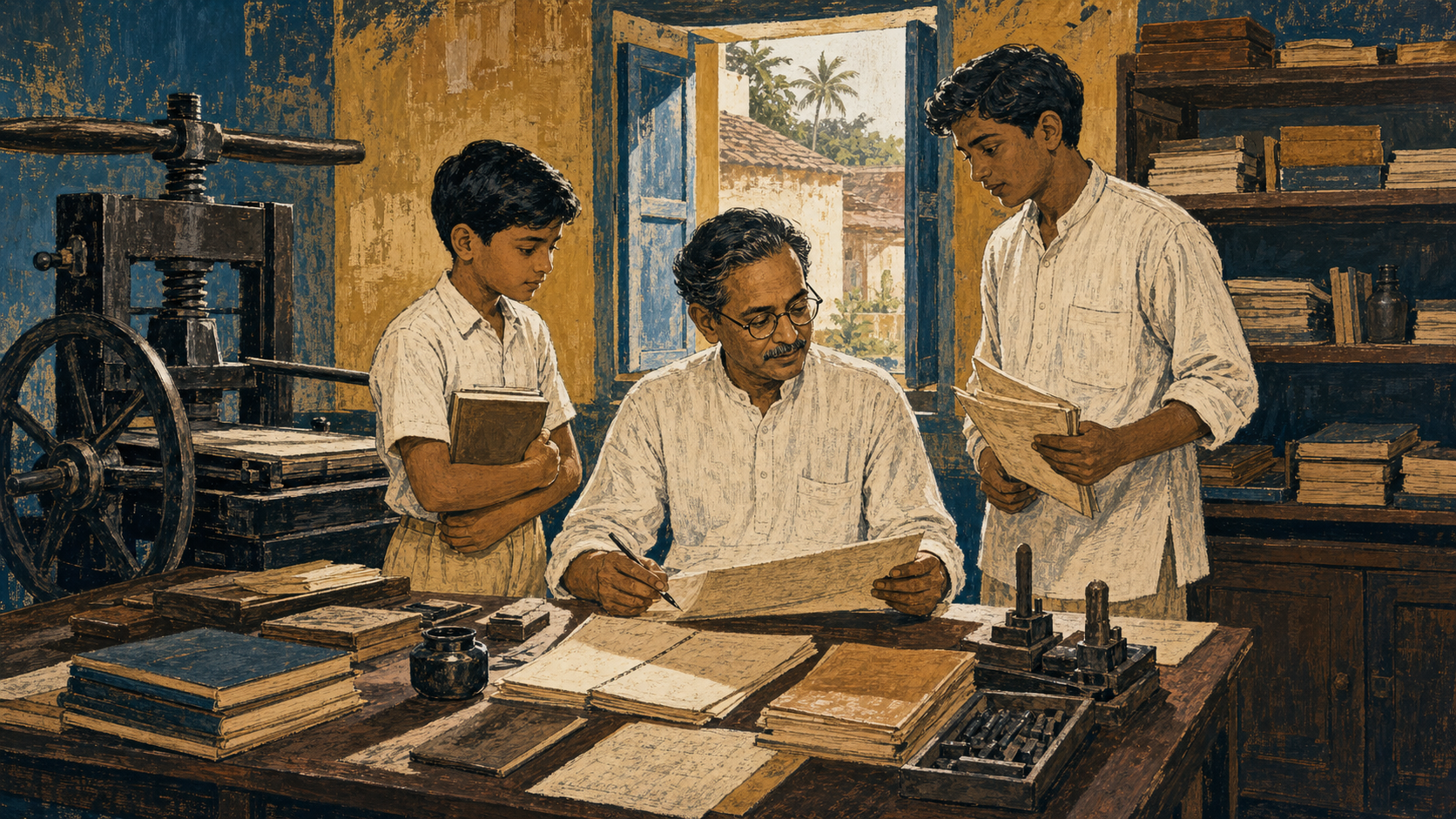 A mid-twentieth-century Indian editor works beside a printing press while a schoolchild and a young writer examine papers in a book-lined room.