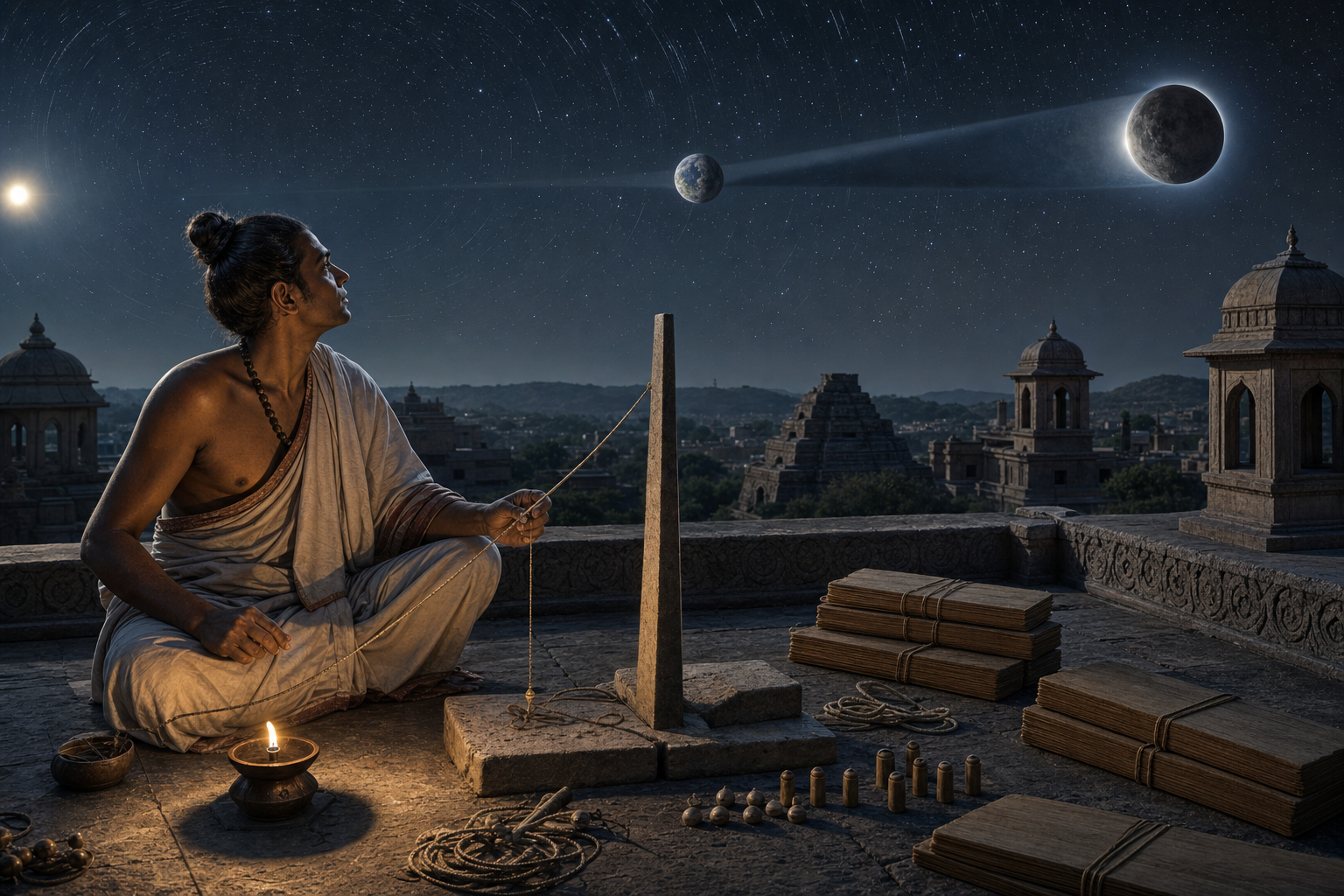An imagined ancient Indian astronomer uses a gnomon and measuring cord beneath a sky showing an eclipse alignment and circular star trails.