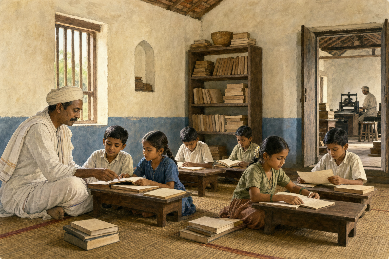 A teacher guides children reading books at wooden desks, with shelves and a small printing workspace visible beyond the classroom.