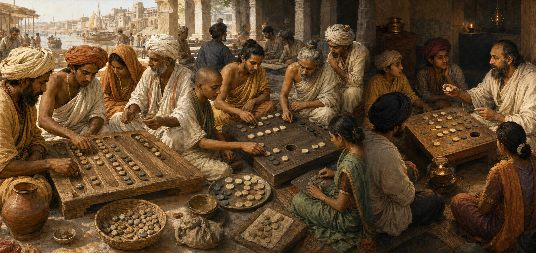 Several generations of Indian merchants, scholars, and a teacher use pebbles, empty place-value spaces, and counting tokens in connected workspaces.