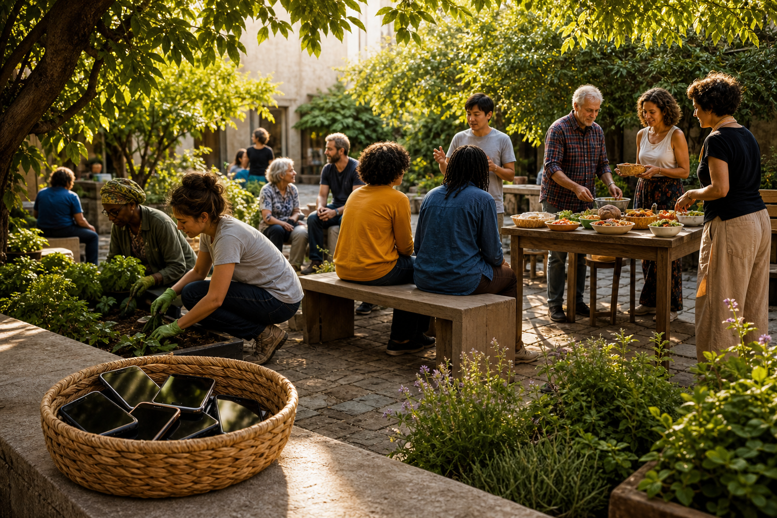 People garden, share food, and converse in a courtyard while unused smartphones rest in a woven basket.