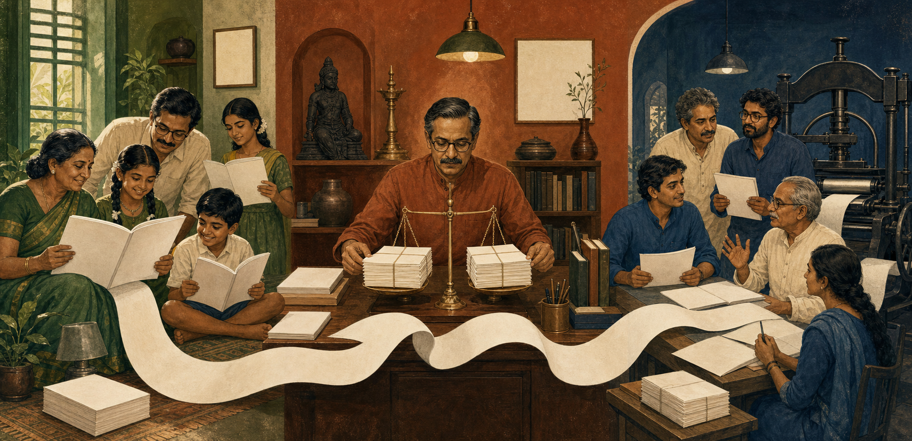 Three connected scenes show family readers, an editor reviewing submissions, and writers meeting beside a printing press.