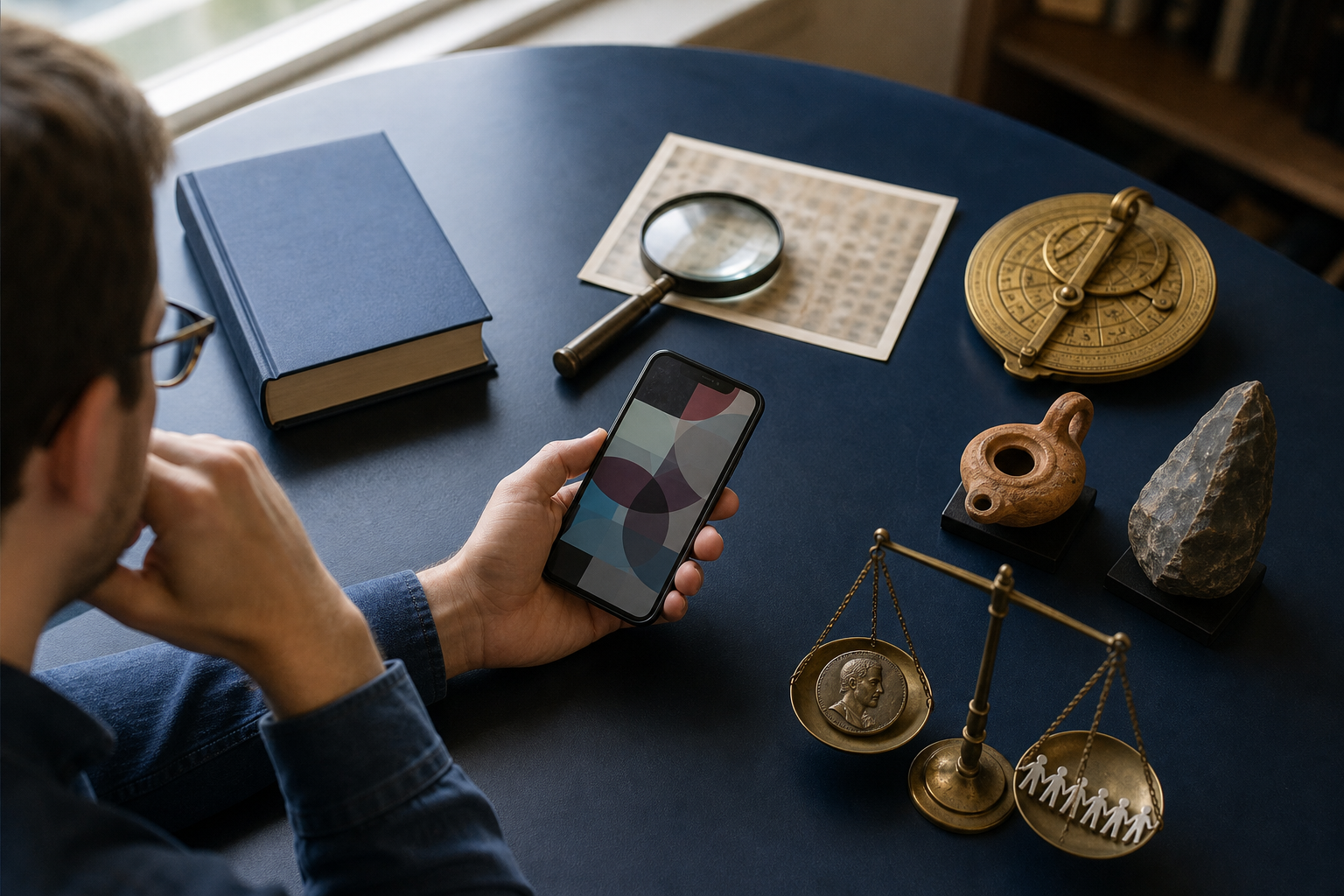 A reader compares a smartphone claim with books, a manuscript image, an astronomical instrument, historical objects, and a balance scale at a desk.
