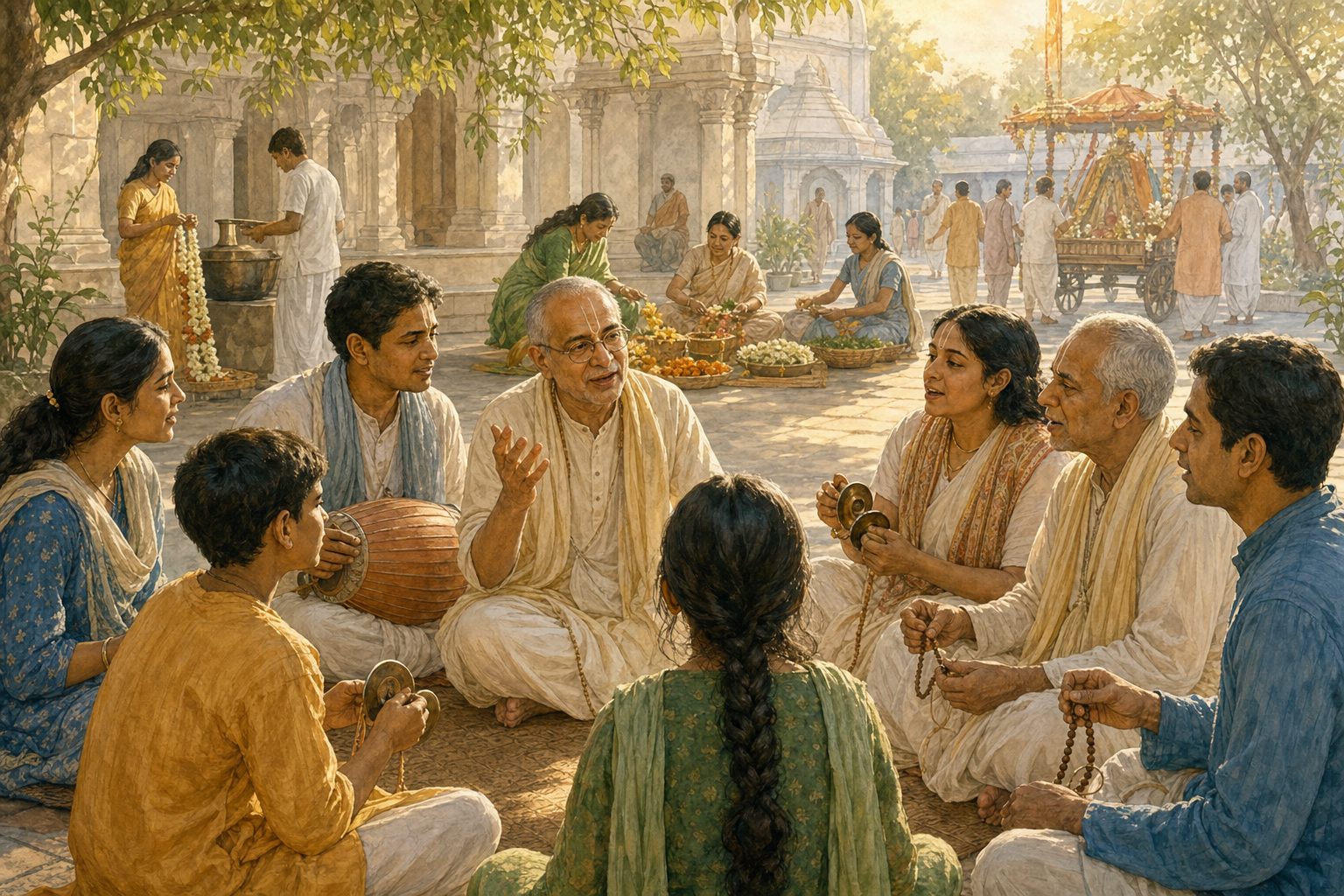 A senior Vaishnava practitioner guides a multigenerational devotional singing circle in a temple courtyard while community members prepare food and garlands nearby.