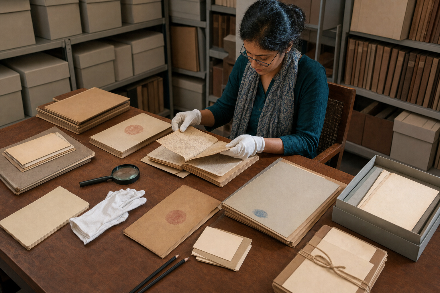 A researcher compares fragile periodicals, correspondence sheets, catalog cards, and folders on a wooden archive table.