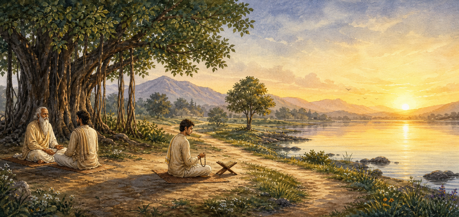 A person practices with wooden prayer beads beside a lamp, water bowl, flower, closed book, and small mirror before dawn.