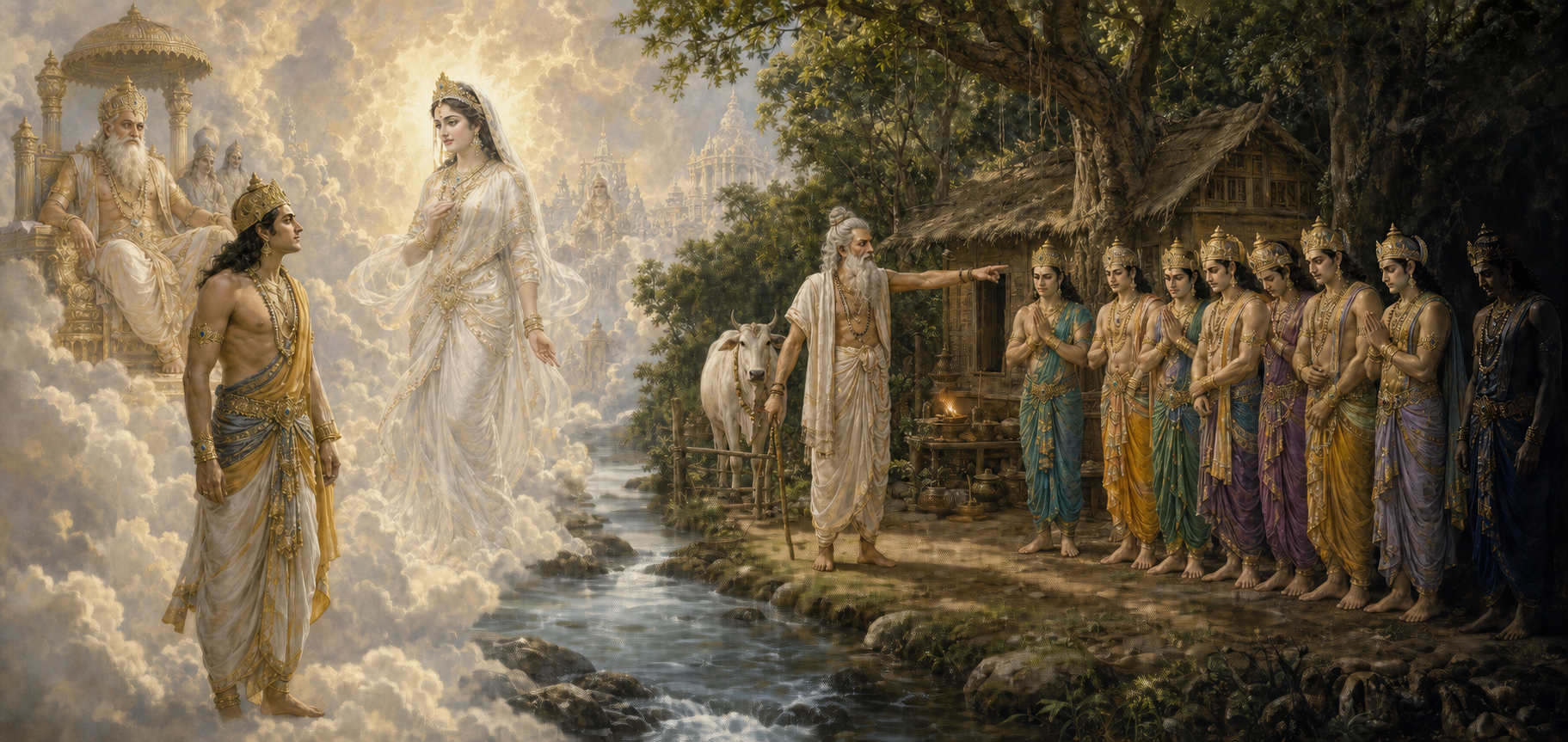 A panoramic scene shows Mahabhisha and Ganga in a celestial court, the eight Vasus before the sage Vasistha, and Shantanu meeting Ganga beside a river.