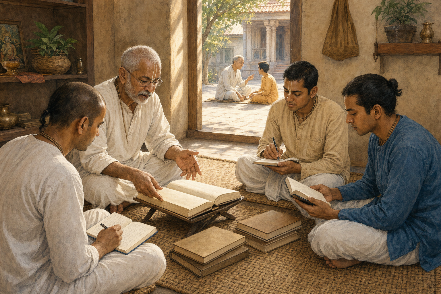 A Vaishnava student listens to an older mentor while they examine manuscripts and a line of wooden markers at a low library table.