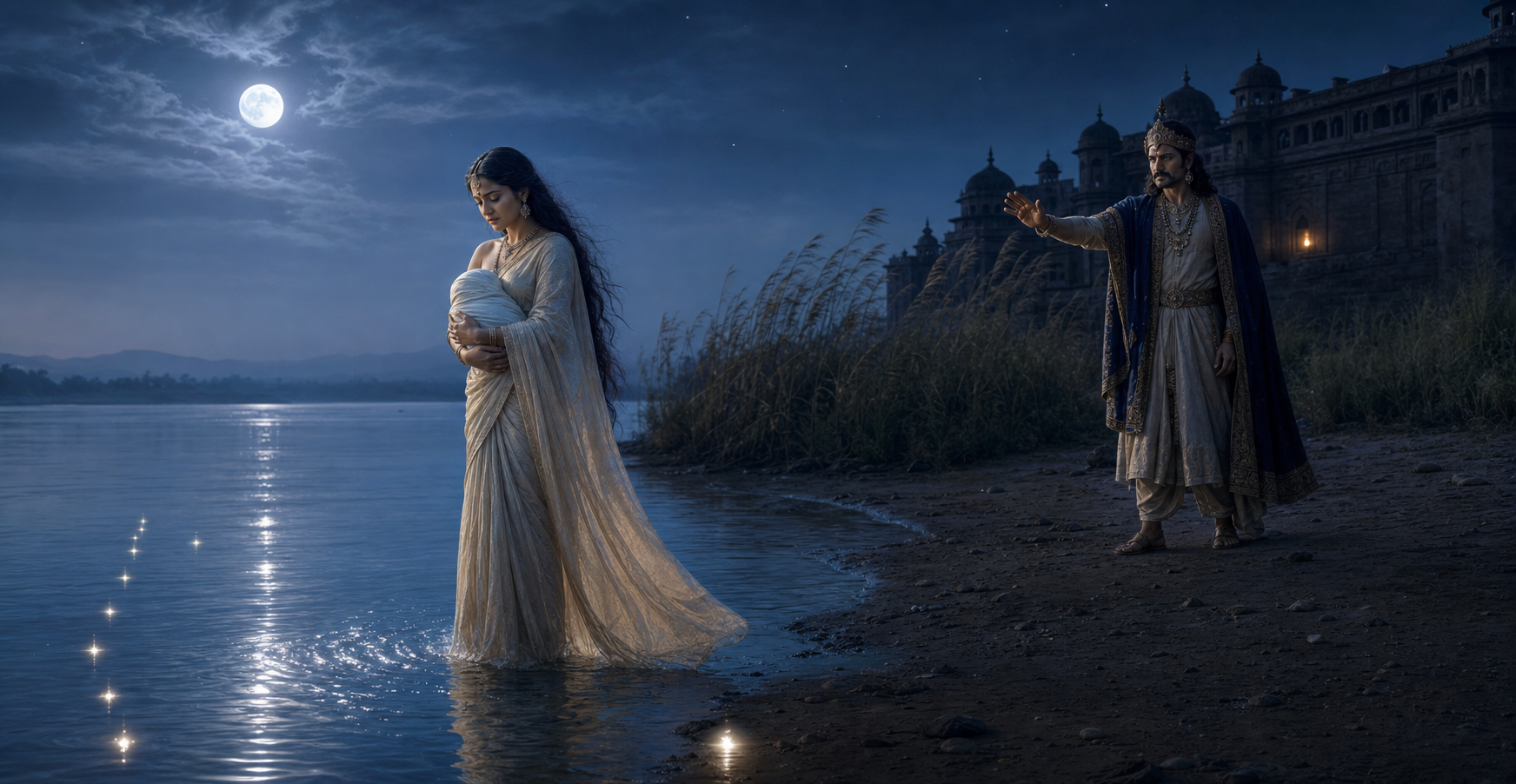 Ganga holds a swaddled newborn at the river's edge while Shantanu stands behind her with one hand extended but does not intervene.