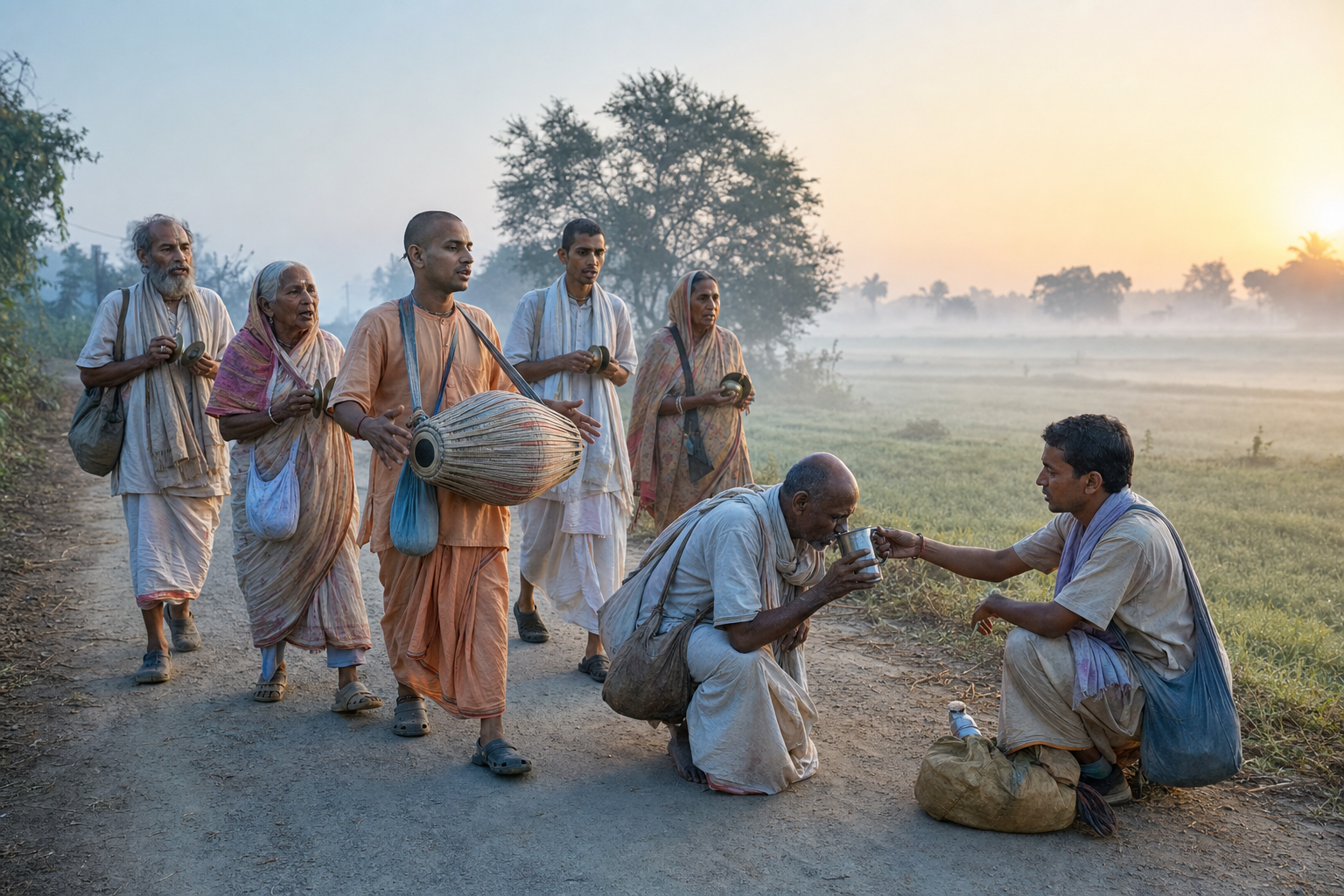 Vaishnava pilgrims chant with cymbals and a drum on a misty rural road while one walker offers water to a tired companion.