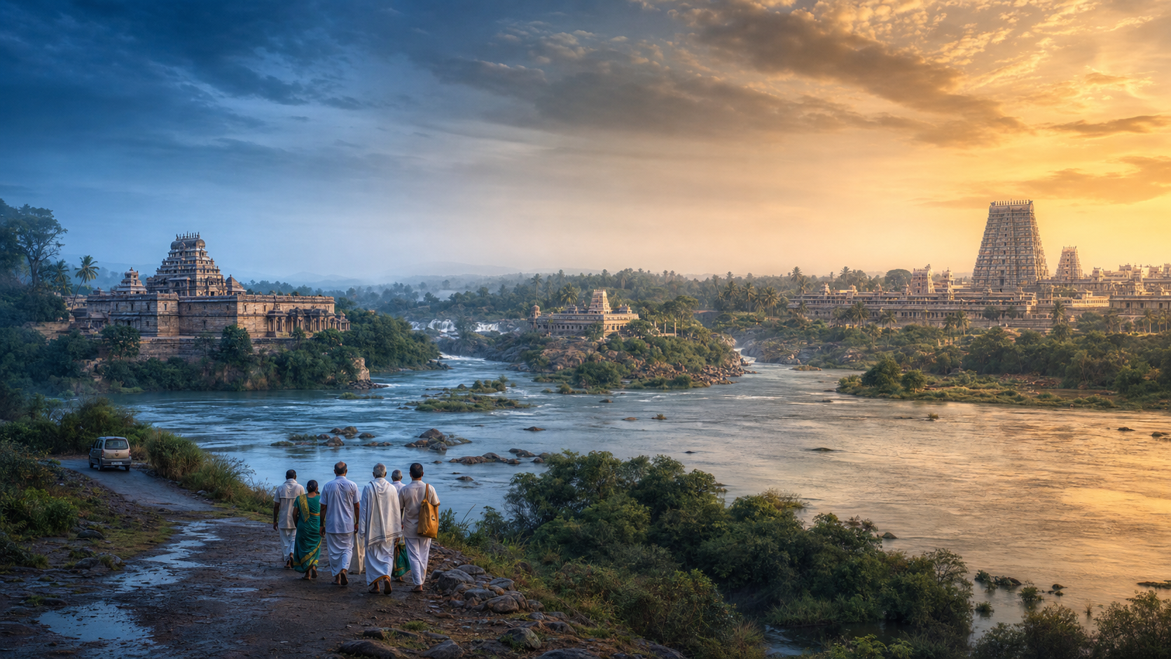 Pilgrims beside the Kaveri River with the temple settings of Srirangapatna, Shivanasamudra, and Srirangam represented across a dawn-to-evening landscape.