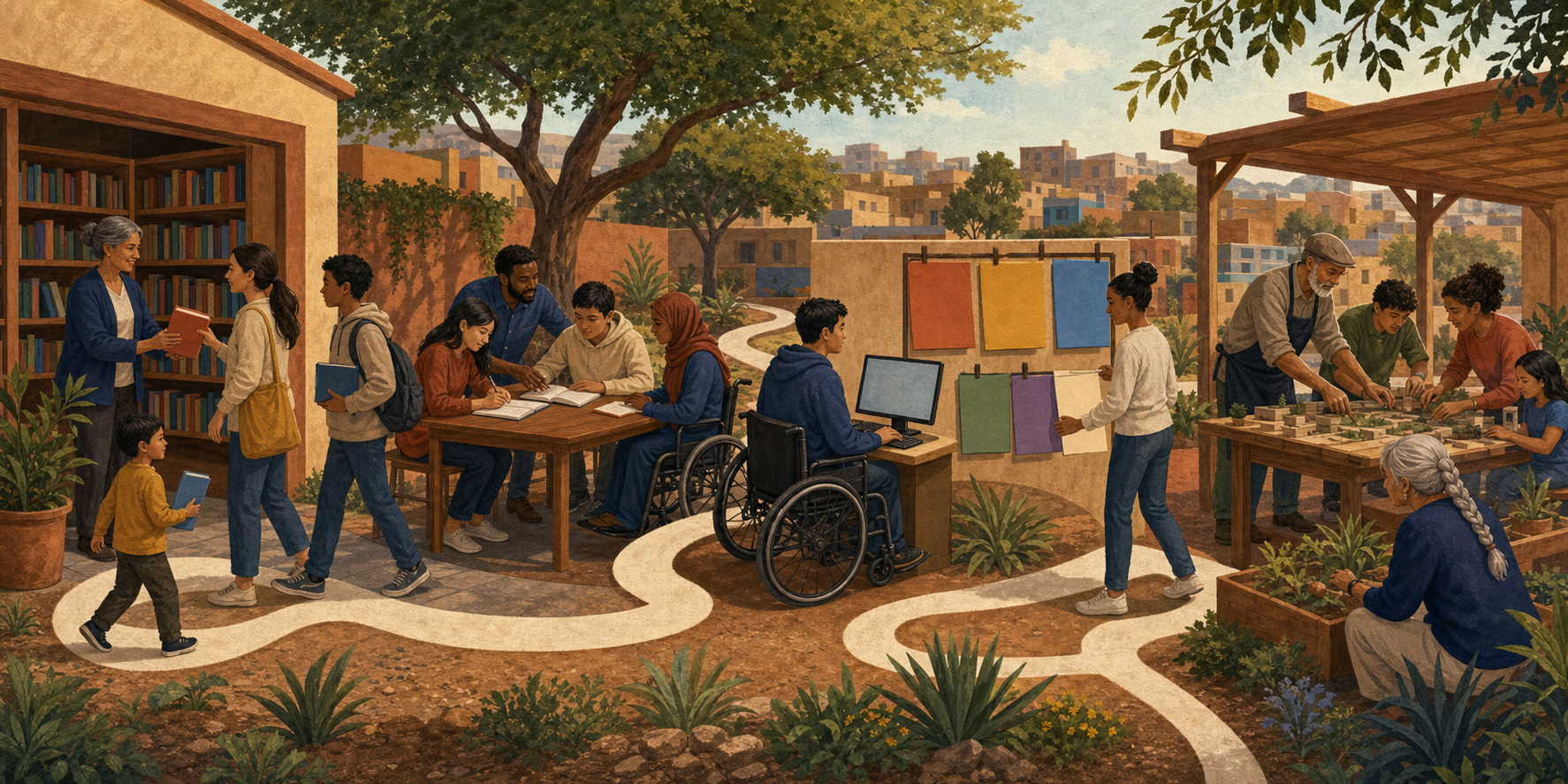 Learners follow a connected path through a library, study table, computer station and community workshop with support from educators and librarians.