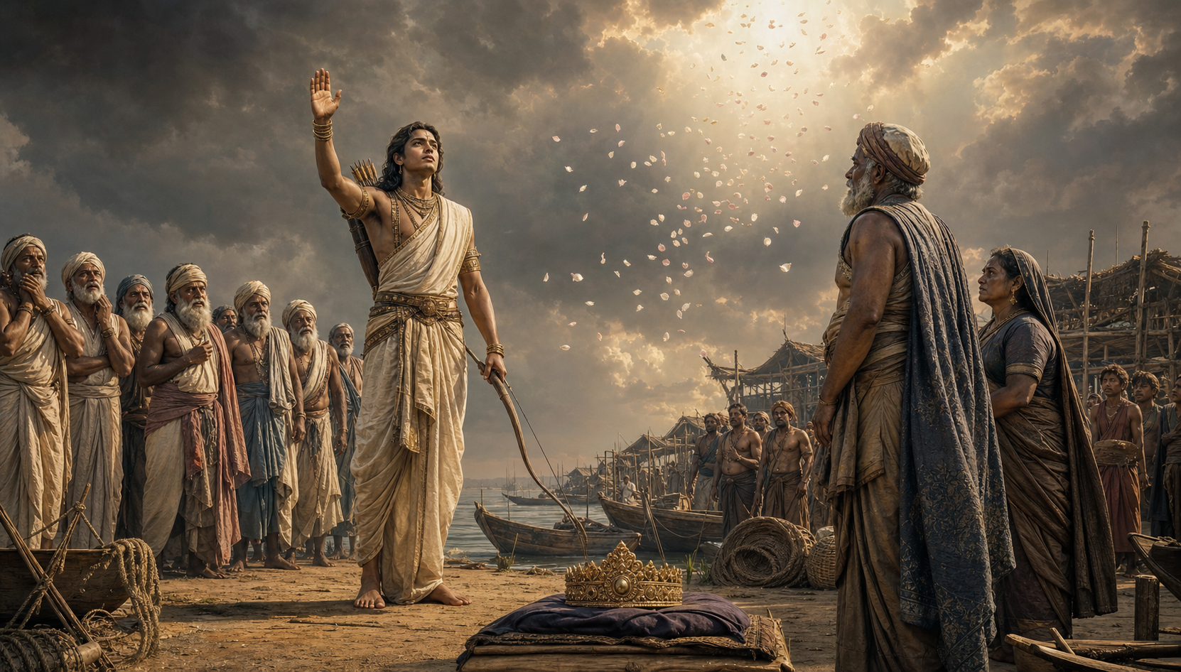 Devavrata raises his hand before a fisher chieftain and Kuru elders as a royal diadem lies untouched near his feet beside the river.