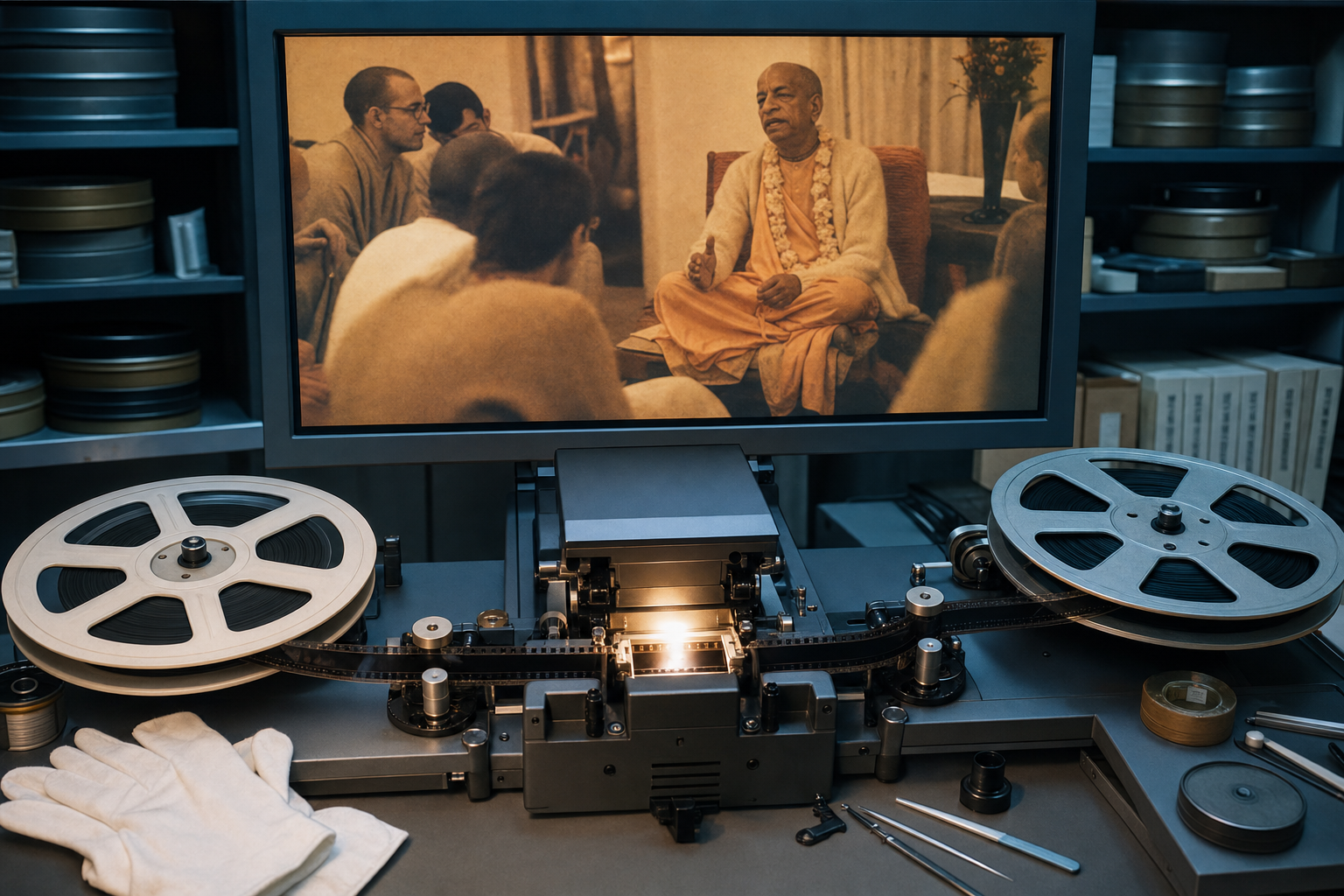Vintage motion-picture film runs through a modern archive scanner while a monitor shows an elderly Vaishnava teacher addressing a gathering.