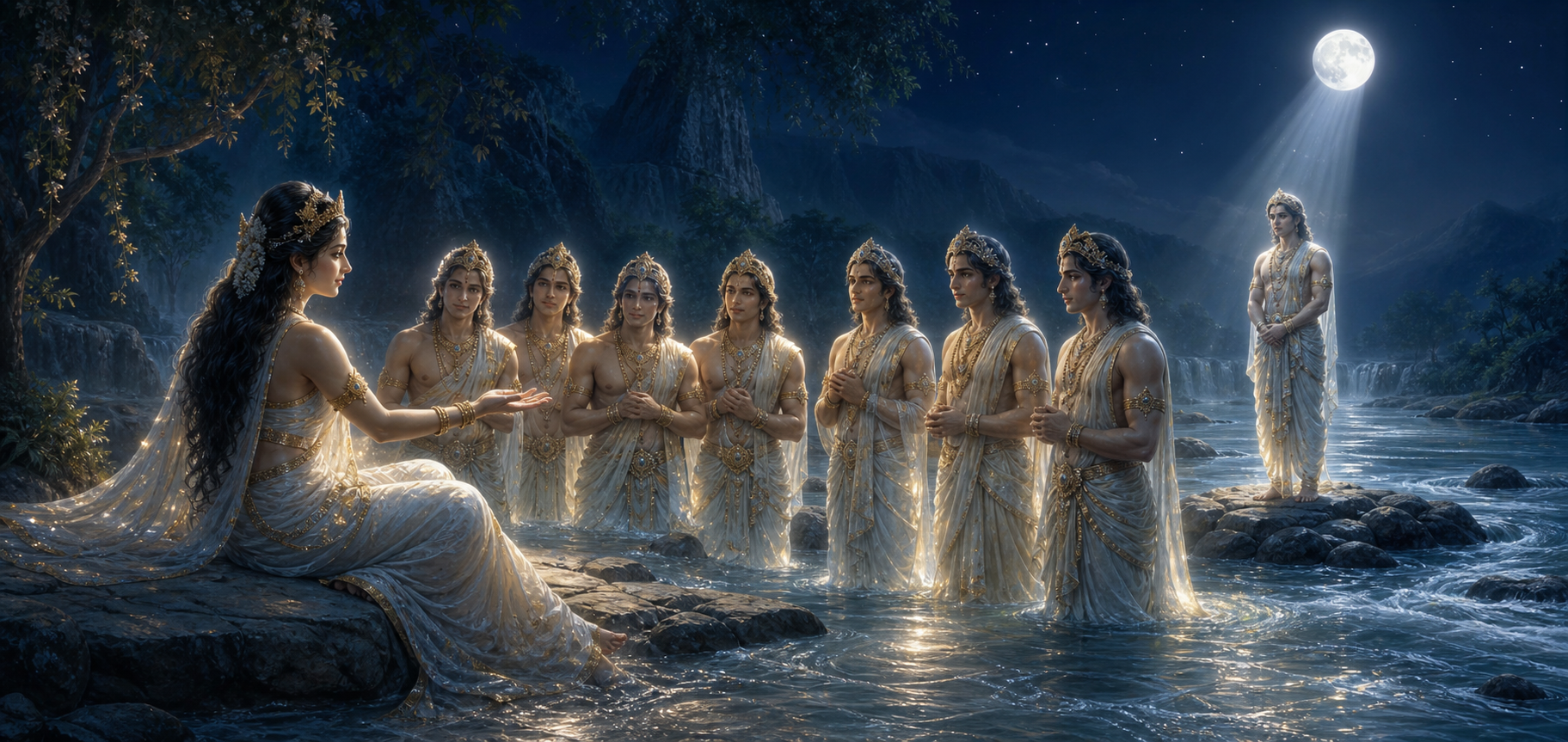Ganga extends an open hand toward eight luminous Vasus gathered beside a moonlit river, with one Vasu standing slightly apart from the others.