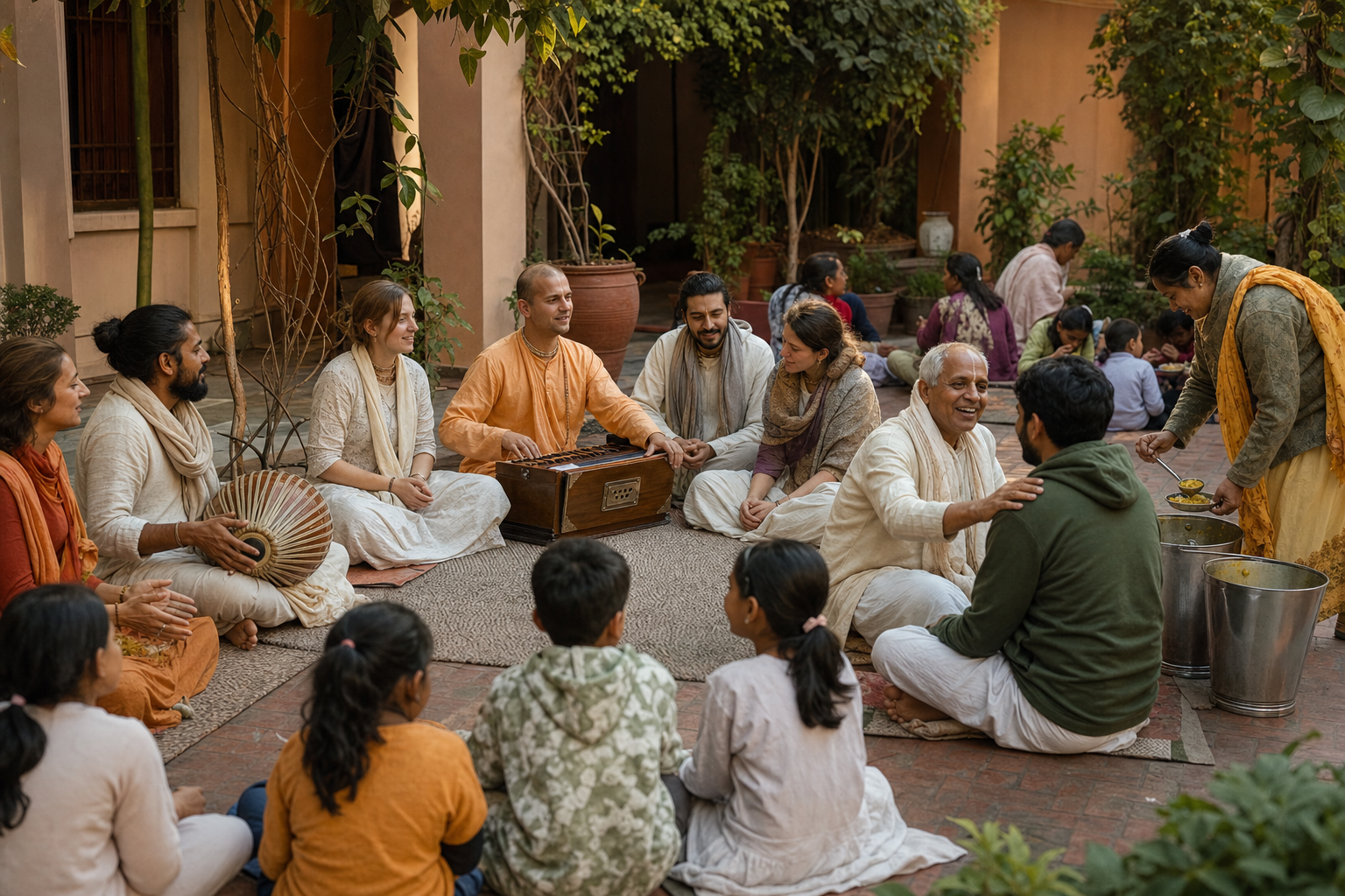 Vaishnava practitioners hold a ground-level courtyard kirtana as neighbors participate and a devotee serves food from metal containers.