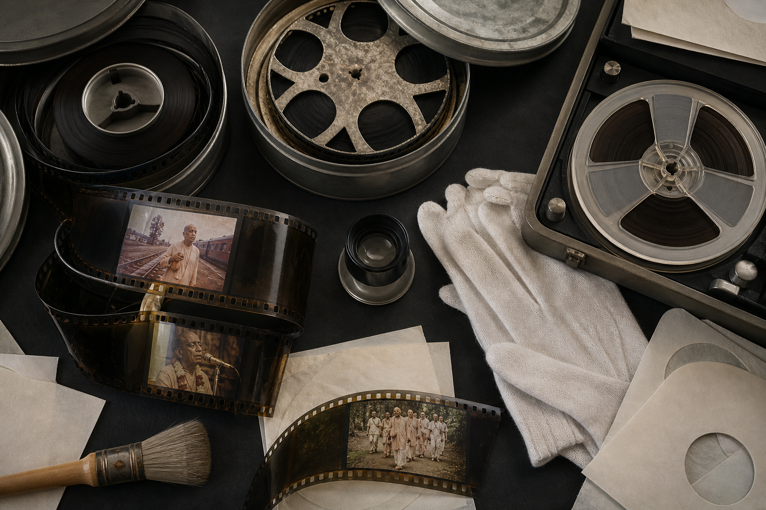 Film reels, film strips, an audio tape, gloves, and preservation tools are arranged on an archival inspection table.