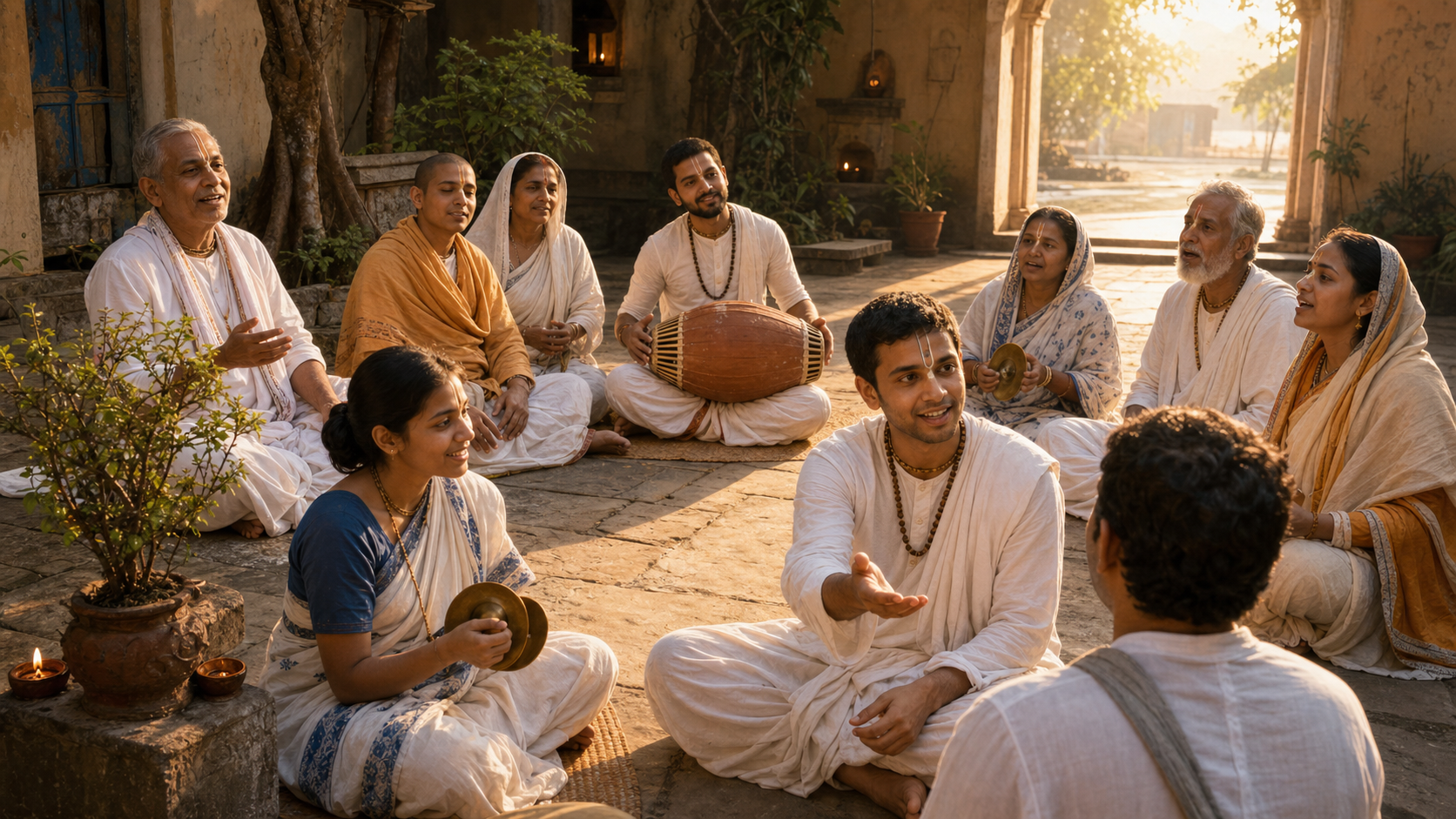 A multigenerational group of Gaudiya Vaishnava practitioners sings kirtana with a drum and hand cymbals in a sunlit temple courtyard.