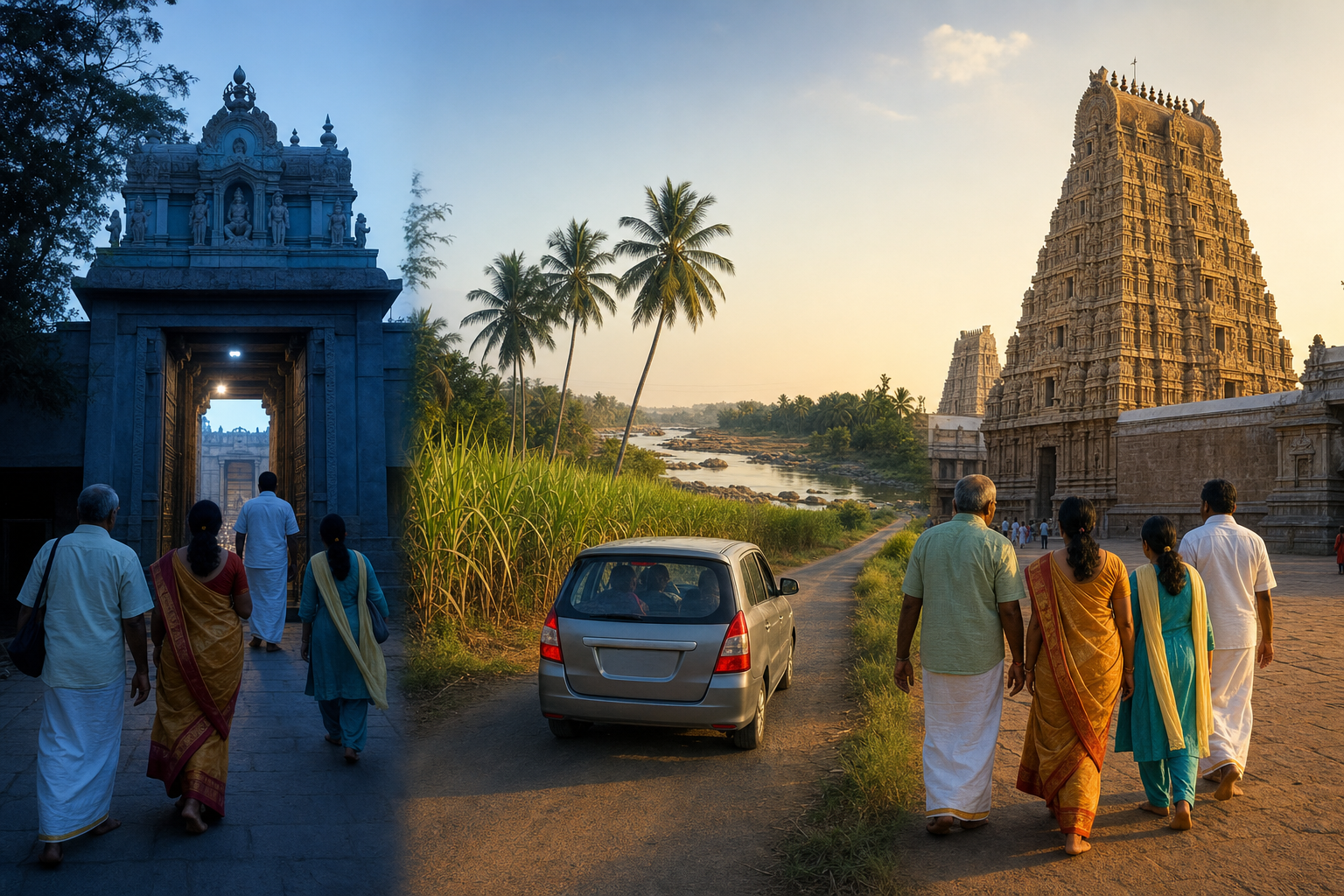 A dawn temple approach, a rural drive through Karnataka, and a late-afternoon arrival at a large temple gateway illustrate the day's three arrival windows.