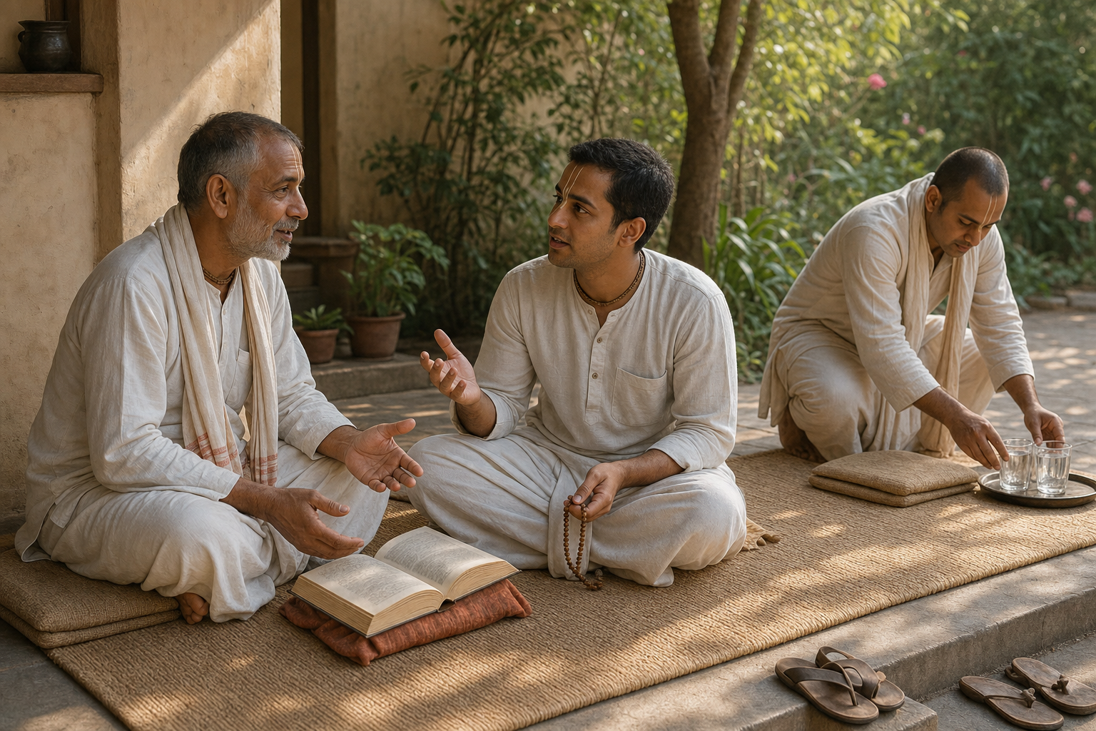 A practitioner asks an older Gaudiya teacher a question while another person arranges water and cushions on a garden veranda.