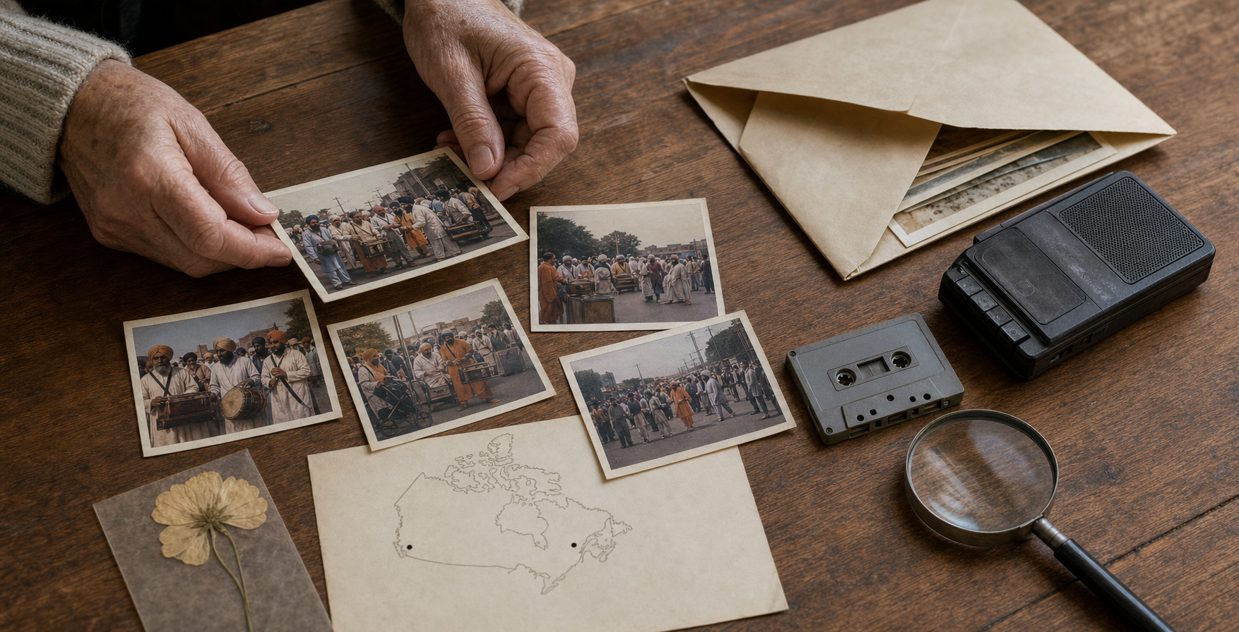 A person organizes old kirtan photographs, a cassette recording, a pressed flower and a map of Canada on a wooden table.