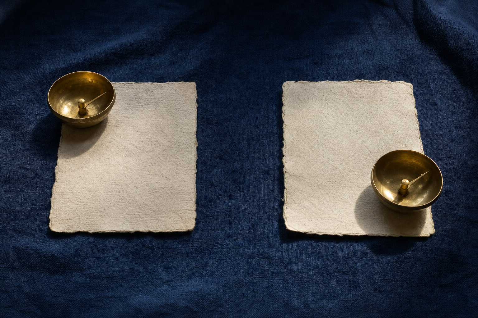 Two separate unmarked almanac leaves and brass timekeeping bowls arranged side by side on indigo cloth.