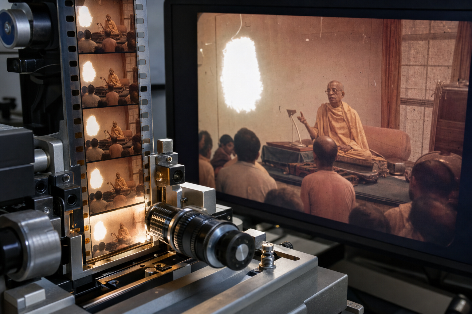 A close view of old film being scanned reveals its perforations, grain, scratches, and a small overexposed area.