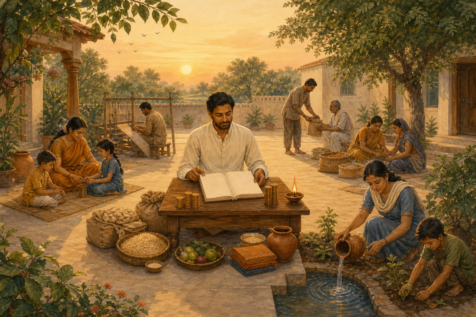 A householder reviews an unmarked ledger as food, coins, family care, community support, trees, and water form a balanced circle around the table.