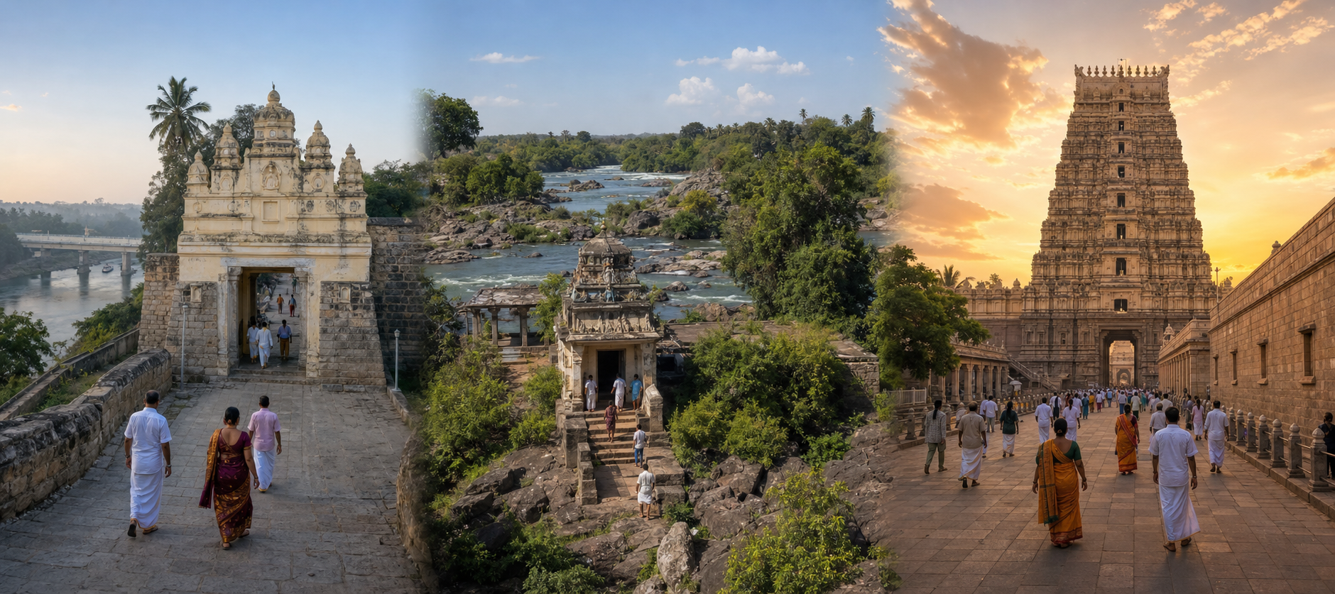 Three temple approaches show the historic gateway at Srirangapatna, the green riverside setting of Shivanasamudra, and the monumental complex at Srirangam.