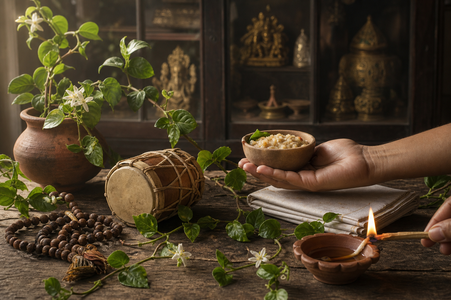 A living vine, prayer beads, drum, offering bowl, folded cloth, and a lamp being lit sit on a worn wooden surface beside a shadowed display cabinet.