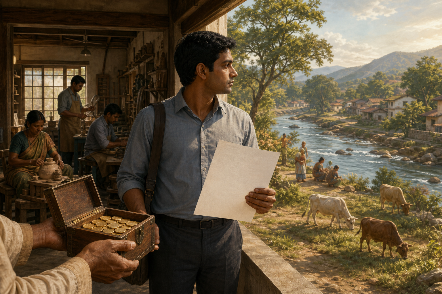 A professional pauses before accepting unmarked coins and looks toward workers, homes, trees, and a river affected by the opportunity.