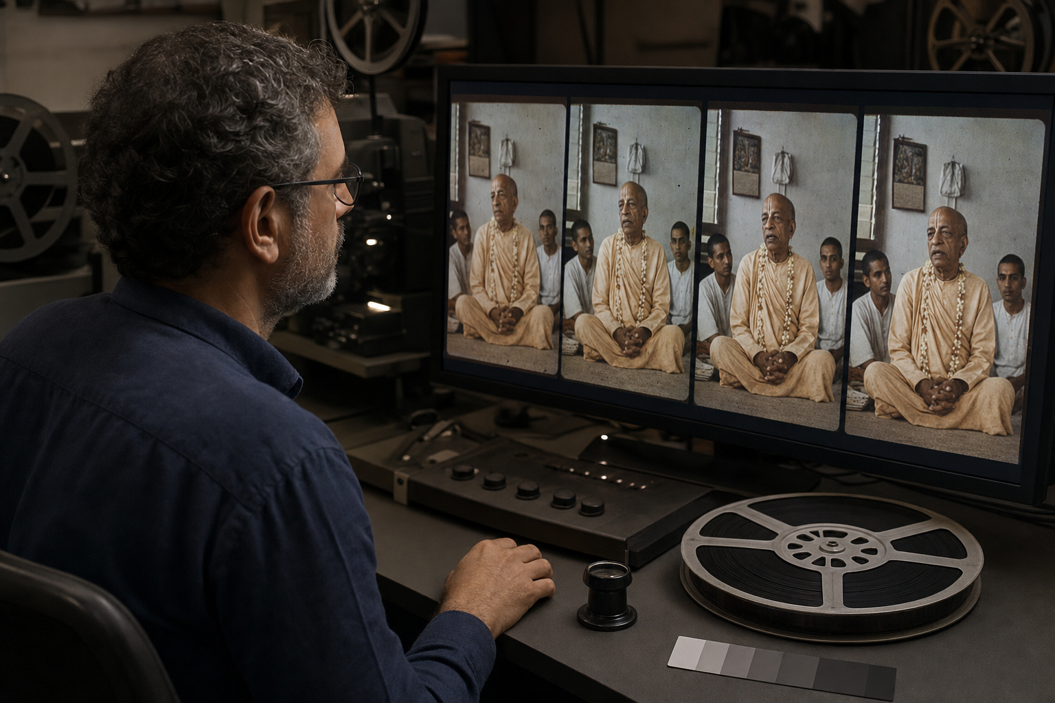A film conservator compares historical frames at a restoration workstation beside the original reel and inspection tools.