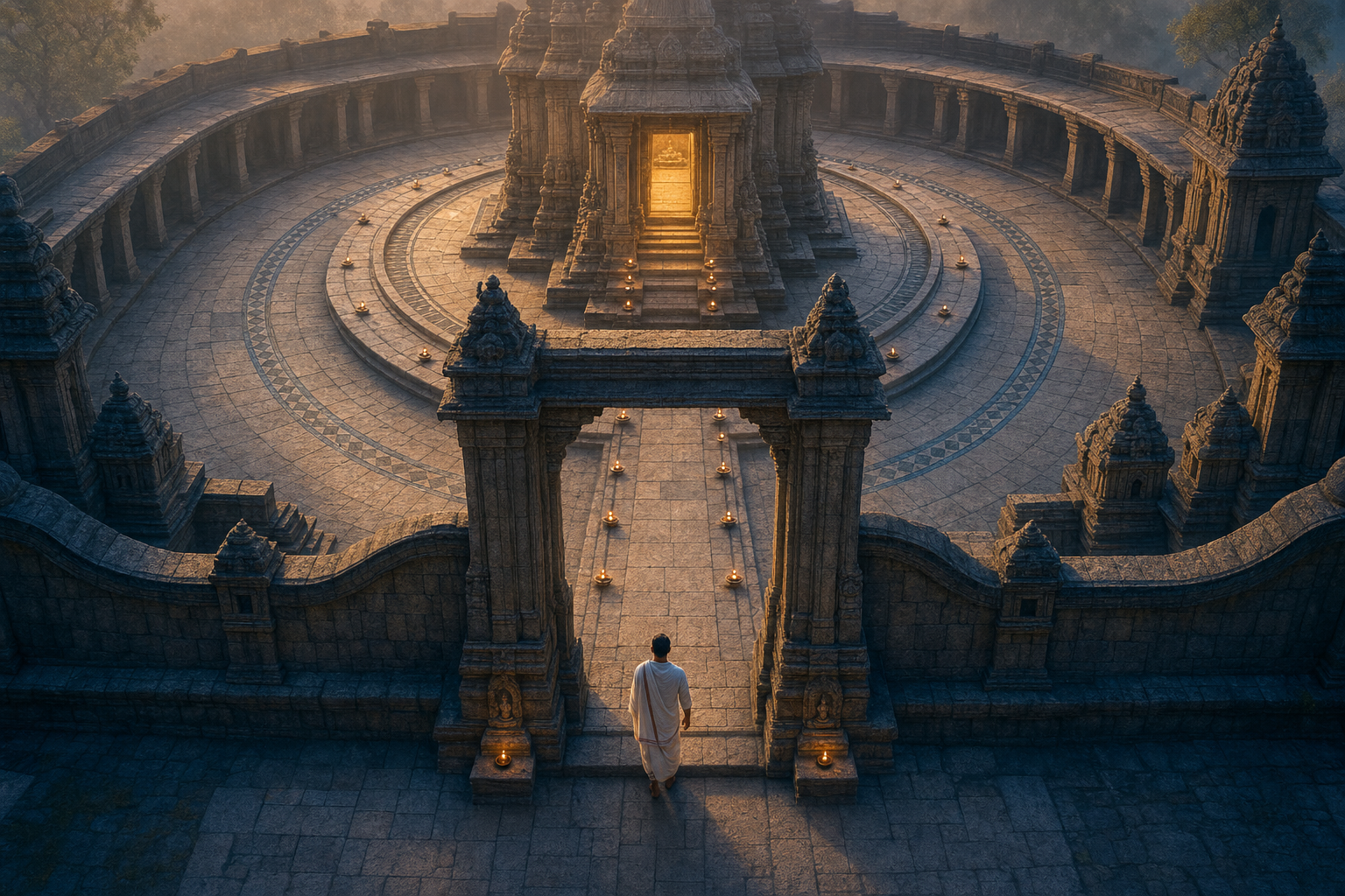 A visitor steps across a stone threshold into a temple courtyard whose gateways and concentric paths lead toward a softly lit central sanctum.