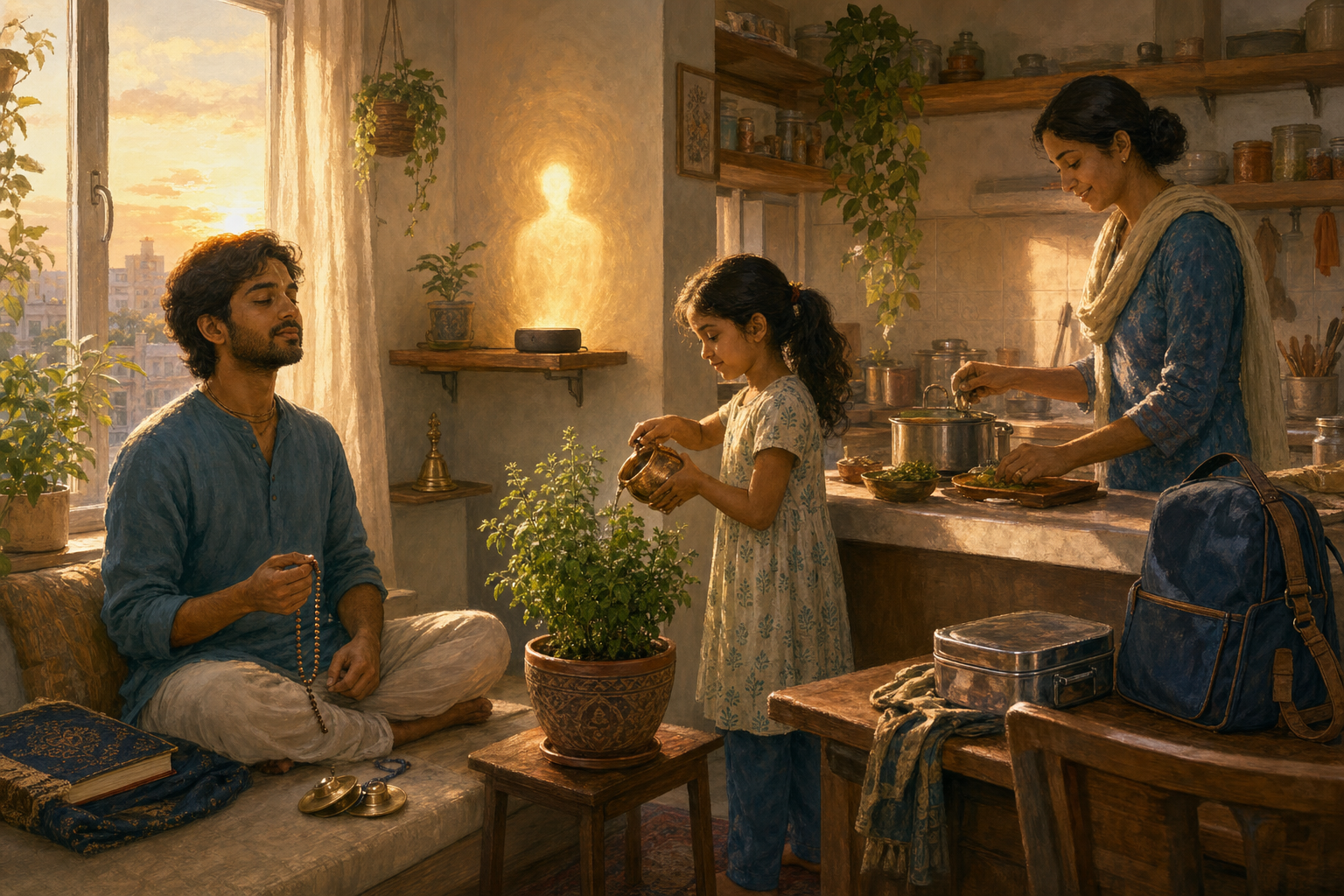 A family chants, prepares food, waters a tulasi plant, and listens to an older relative in a sunlit apartment before beginning the day.