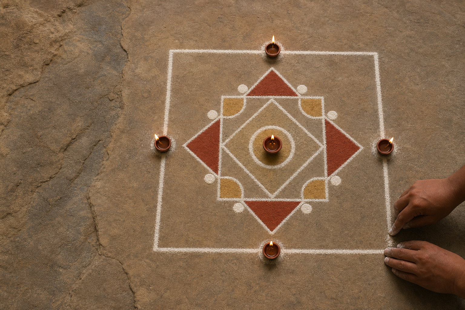 Hands mark a square boundary on a stone floor around a geometric arrangement with four outer lamps and one central lamp.