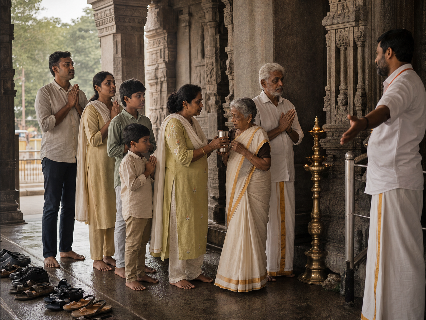 Pilgrims wait quietly in an orderly temple line while a family member offers water to an elderly companion beside carved stone pillars.