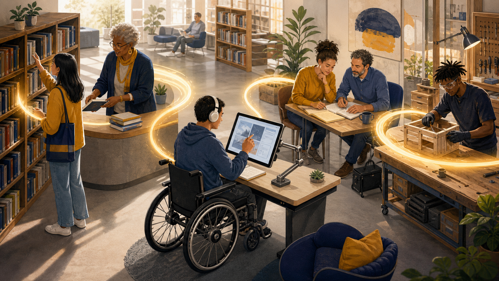 A learner moves through connected stages of finding a library resource, receiving guidance, using accessible technology, studying and completing a practical project.