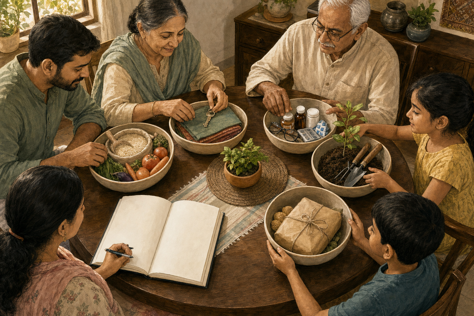 Members of a multigenerational household sort resources into unlabeled bowls for daily needs, reserves, family care, future needs, and giving.