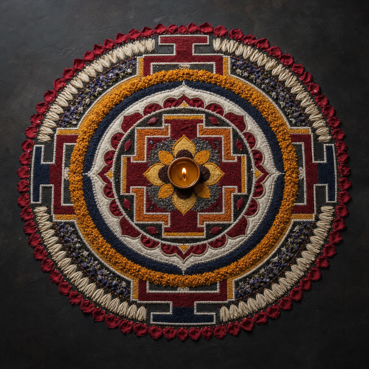 A circular floor maṇḍala of mineral powders and flower petals forms layered gates and rings around a small flame at its center.