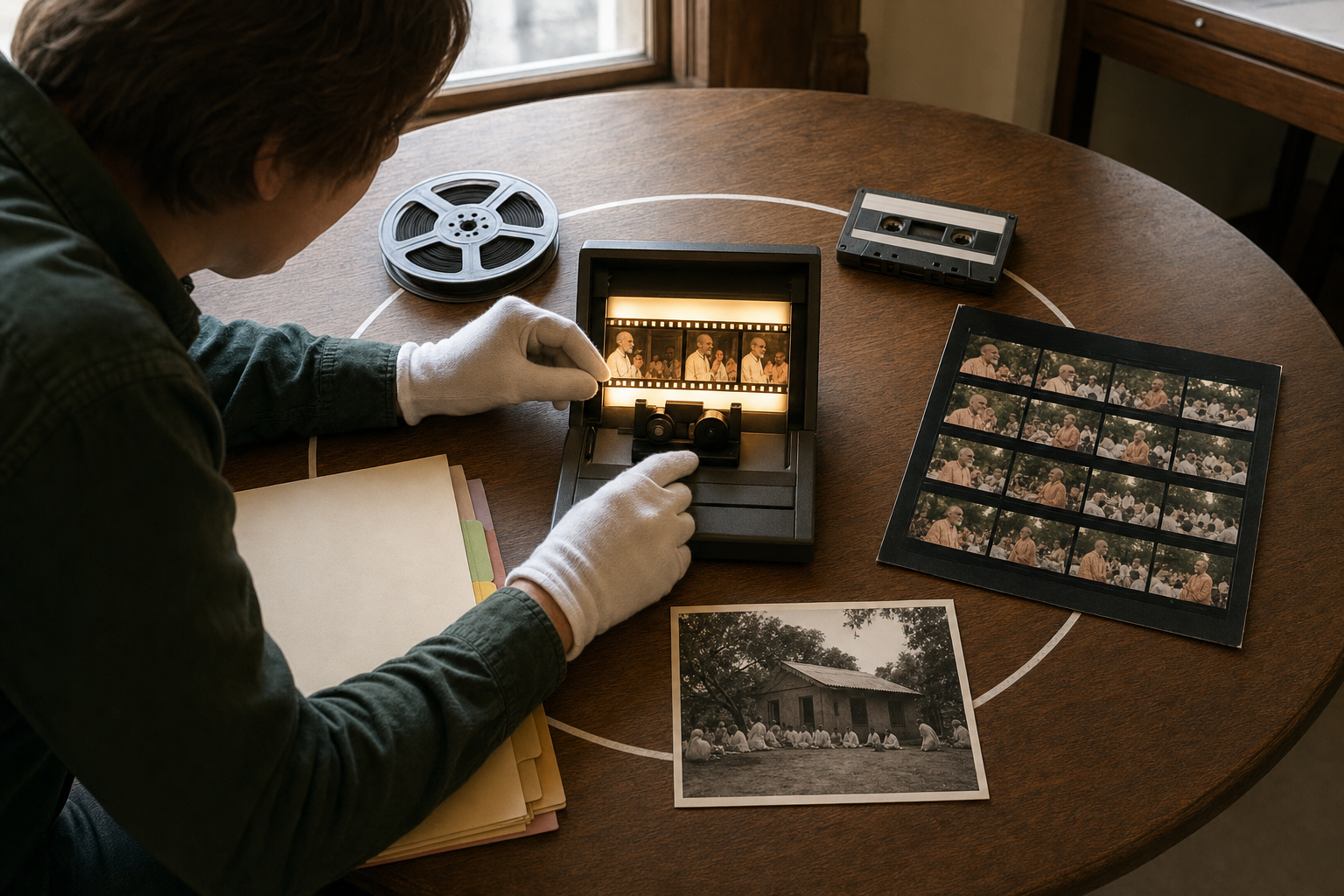 A gloved researcher examines a film reel, audio cassette, contact sheet, venue image, and archival folder together in a reading room.
